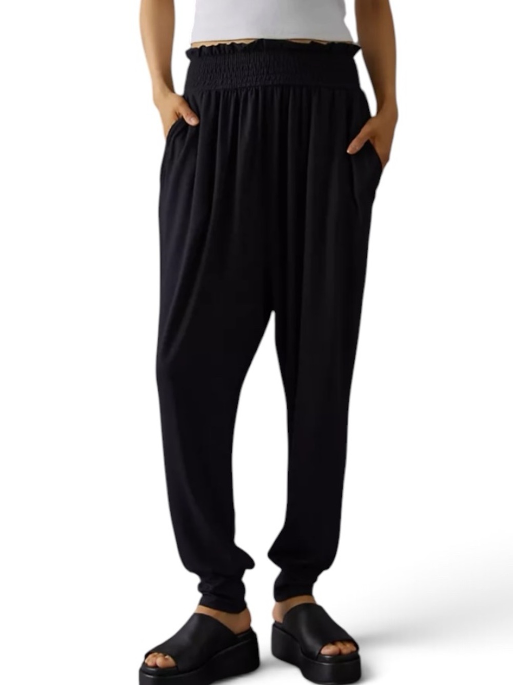 Anthropologie Daily Practice Black Knit Smocked Waist Harem Pants